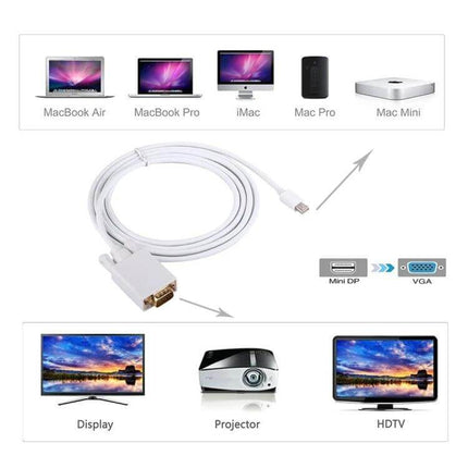 1.8 Meter Mini DisplayPort to VGA Adapter Cable for Laptops connecting MacBook, iMac to VGA displays, projectors, HDTVs — 1.8m white cable
