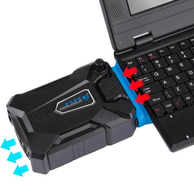 Gaming Laptop Cooling Pad with Portable Quiet Fan and Adjustable Speed shown clipped to laptop edge blowing cool air