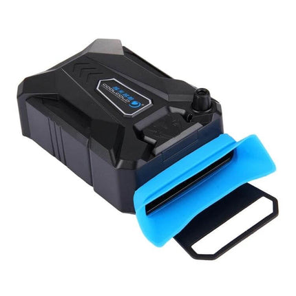 Gaming Laptop Cooling Pad with Portable Quiet Fan and Adjustable Speed shown in black housing with blue foldable stand for travel use