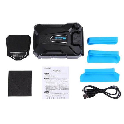 Gaming Laptop Cooling Pad with Portable Quiet Fan and Adjustable Speed shown with USB cable, silicone stands and instruction manual
