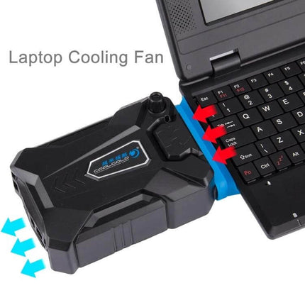 Gaming Laptop Cooling Pad with Portable Quiet Fan and Adjustable Speed cooling pad clipped to laptop, quiet fan vents and adjustable speed control