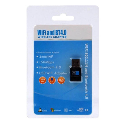 USB Adapter for Wireless Bluetooth and WiFi Connectivity in retail packaging showing compact USB WiFi and Bluetooth dongle