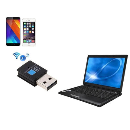 USB Adapter for Wireless Bluetooth and WiFi Connectivity shown next to laptop and smartphones to add Bluetooth and WiFi to older computers