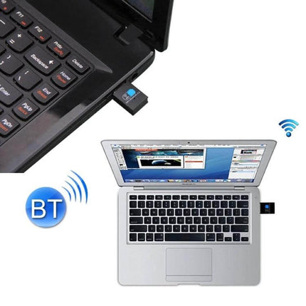 USB Adapter for Wireless Bluetooth and WiFi Connectivity plugged into a laptop USB port showing compact design for Bluetooth and WiFi upgrades