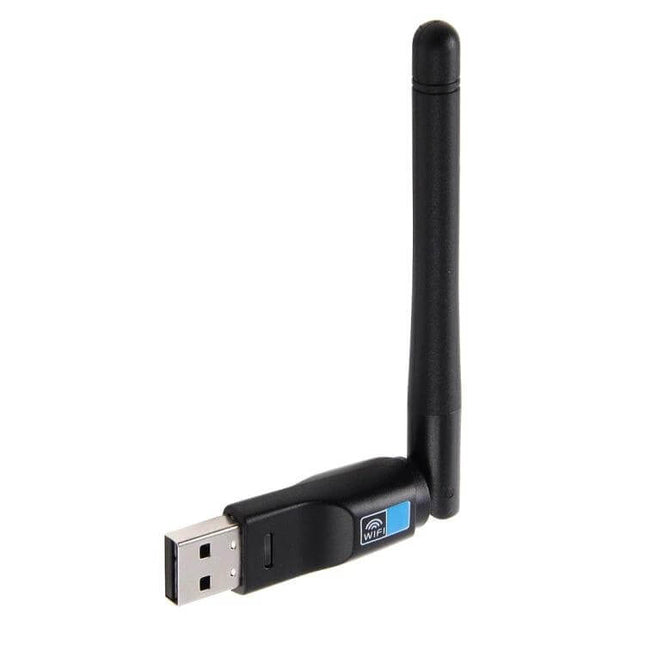2-in-1 USB Adapter for Bluetooth and WiFi Connectivity — compact black USB WiFi/Bluetooth dongle with external antenna for plug-and-play wireless
