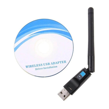 2-in-1 USB Adapter for Bluetooth and WiFi Connectivity compact USB dongle with external antenna and driver installation CD