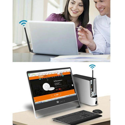 2-in-1 USB Adapter for Bluetooth and WiFi Connectivity plugged into desktop PC providing Bluetooth and WiFi for laptop and peripherals