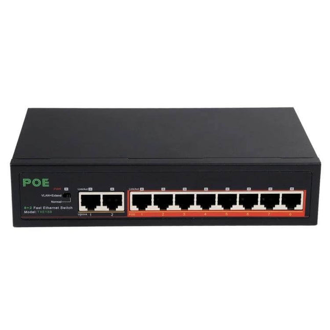 Eight-Port POE Network Switch for IP Cameras and Phones front view showing eight PoE Ethernet ports for cameras and VoIP phones
