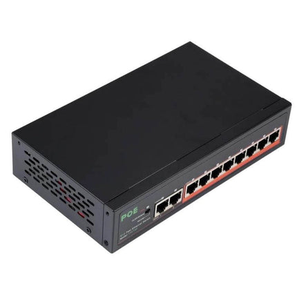 Eight-Port POE Network Switch for IP Cameras and Phones black metal POE switch powering cameras and VoIP phones