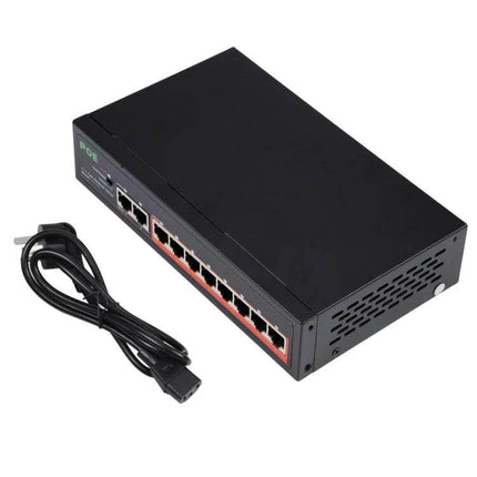 Eight-Port POE Network Switch for IP Cameras and Phones black metal switch with cable, eight RJ45 PoE ports for security cameras and VoIP phones