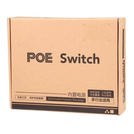 Eight-Port POE Network Switch for IP Cameras and Phones box packaging showing POE Switch text and compact brown carton