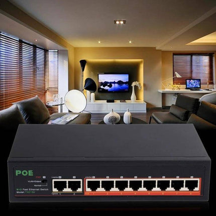 Eight-Port POE Network Switch for IP Cameras and Phones mounted in modern office living room setup