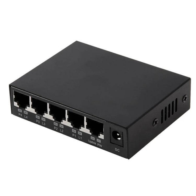 5-Port POE Network Switch for IP Cameras and VoIP Devices black metal desktop switch with five Ethernet ports and DC power input