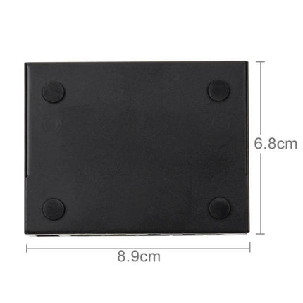 5-Port POE Network Switch for IP Cameras and VoIP Devices compact black unit showing bottom with rubber feet and dimensions 8.9cm x 6.8cm