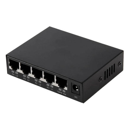 5-Port POE Network Switch for IP Cameras and VoIP Devices compact black metal switch powering IP cameras and VoIP over Ethernet