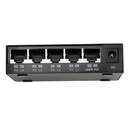 5-Port POE Network Switch for IP Cameras and VoIP Devices compact black switch with five Ethernet ports powering cameras and phones