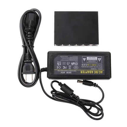 5-Port POE Network Switch for IP Cameras and VoIP Devices with power adapter and cables for home surveillance