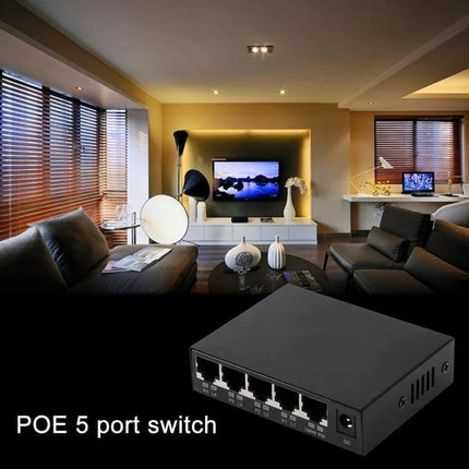 5-Port POE Network Switch for IP Cameras and VoIP Devices powering home surveillance and VoIP devices in a modern living room setup