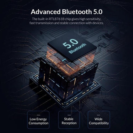 Orico Bluetooth Adapter for Easy Device Connectivity showcasing RTL8761B Bluetooth 5.0 chip for stable reception and wide compatibility