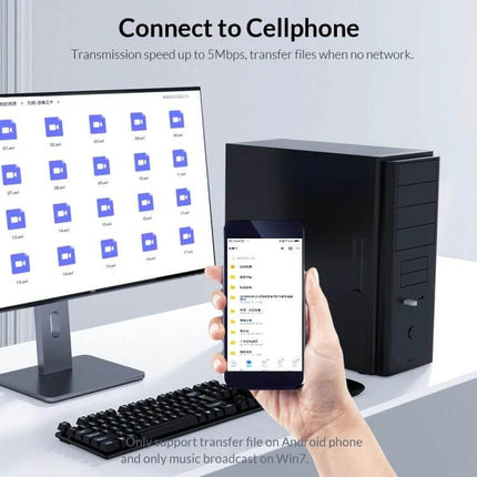 Orico Bluetooth Adapter for Easy Device Connectivity showing phone paired with desktop and monitor for wireless file and audio transfer