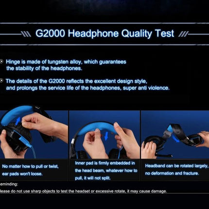 Kotion Each Over Ear PC Gaming Headphones White Red showing G2000 quality test, hinge, ear pads, headband rotation