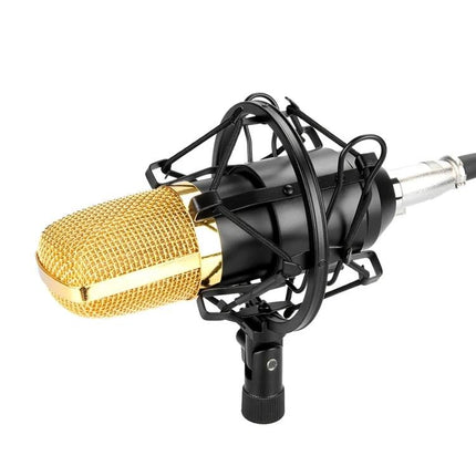 Fifine Microphone for Daily Home Recording and Broadcasting black and gold condenser mic on desk shock mount