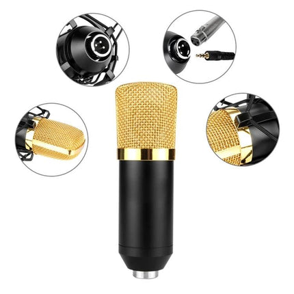 Fifine Microphone for Daily Home Recording and Broadcasting - gold condenser mic on desk with shock mount and XLR connections