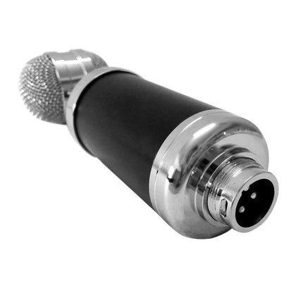Microphone for Everyday Home Recording and Karaoke Use – condenser mic angled view with XLR connector, black body and silver grille