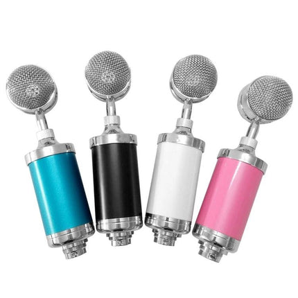 Microphone for Everyday Home Recording and Karaoke Use — four colorful condenser mics (blue, black, white, pink) on white background