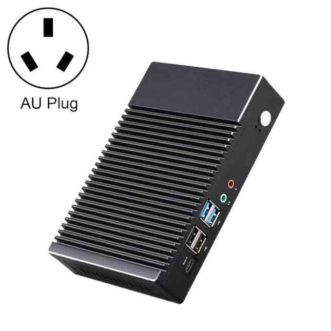 K1 Efficient Mini PC for Everyday Windows and Linux Use at Home or Office compact black fanless mini PC with AU plug and front USB audio ports