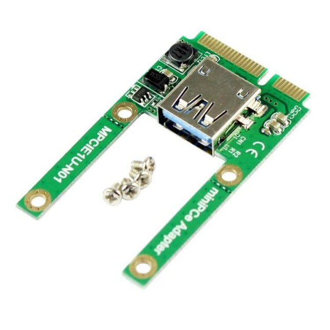 Mini PCIe to USB 2.0 Adapter for Device Connections - green PCB board with USB port and mounting screws