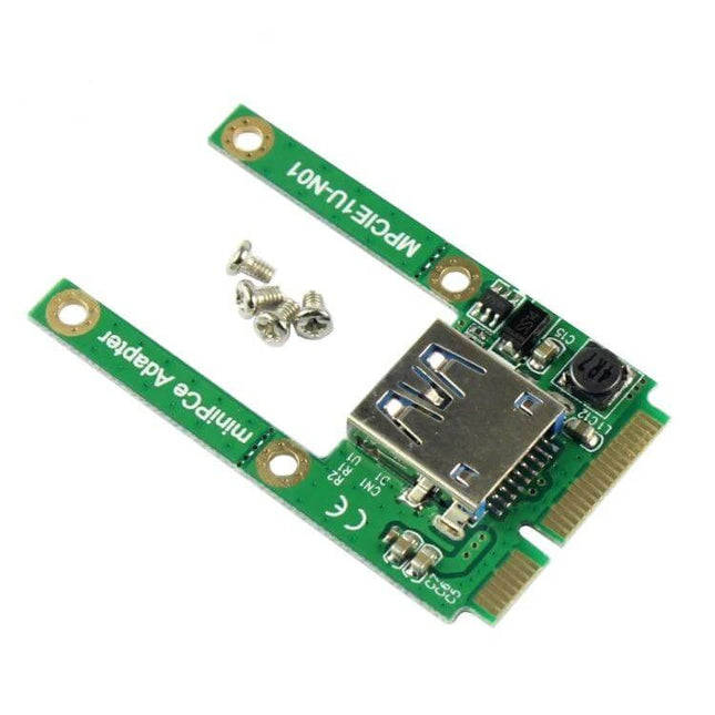Mini PCIe to USB 2.0 Adapter for Device Connections - green Mini PCIe card with USB-A port and mounting screws, adds USB 2.0 to laptops/netbooks