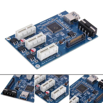 PCI-E Riser Card for 1 to 3 Slot Expansion with USB Cable blue PCB showing three white PCIe slots and USB connector