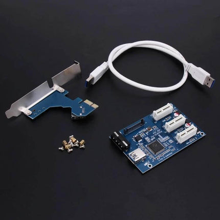 PCI-E Riser Card for 1 to 3 Slot Expansion with USB Cable showing blue riser board, USB 3.0 cable, bracket and mounting screws on black background