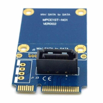 50mm mSATA to SATA Hard Drive Adapter Card for PC Testing showing blue PCB with SATA port and gold edge connector