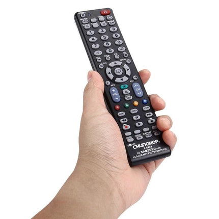 Chunghop Universal Remote Controller for Samsung LED, LCD, and 3D TVs held in hand showing full button layout, replacement remote