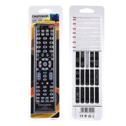 Chunghop Universal Remote Controller for Samsung LED, LCD, and 3D TVs packaged front and back view, replacement remote with labeled buttons