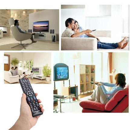 Chunghop Universal Remote Controller for Samsung LED, LCD, and 3D TVs in hand with families using TVs