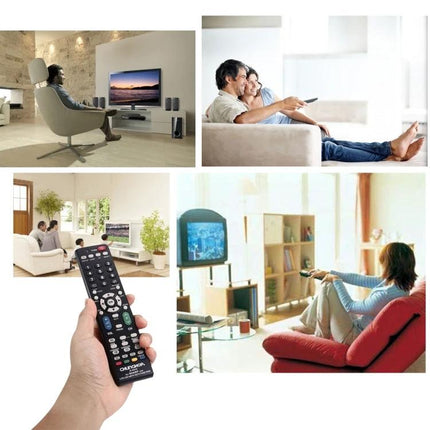 Chunghop Universal Remote for Sharp LED and LCD TVs shown with people using remotes in living rooms