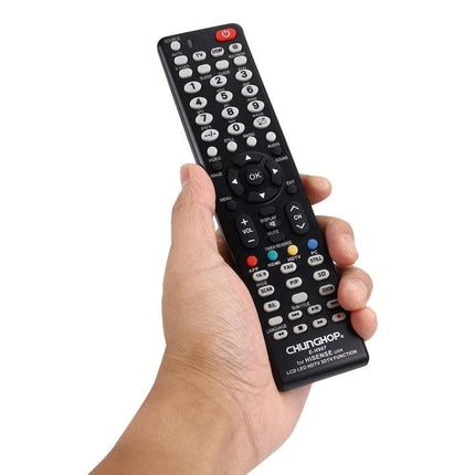 Chunghop Universal Remote Controller for Hisense TVs held in hand, ready to operate LED TV basic functions