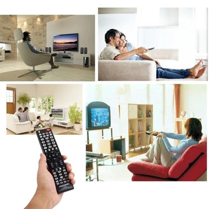 Chunghop Universal Remote Controller for Hisense TVs shown in hand with people using TVs in living rooms