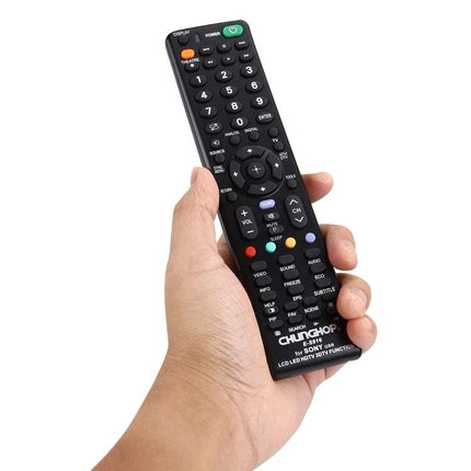 Chunghop Universal Remote for Sony LED and LCD TVs Control in hand, black replacement remote showing buttons and power