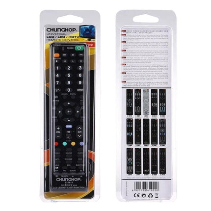 Chunghop Universal Remote for Sony LED and LCD TVs Control packaged black remote in blister pack showing front and back