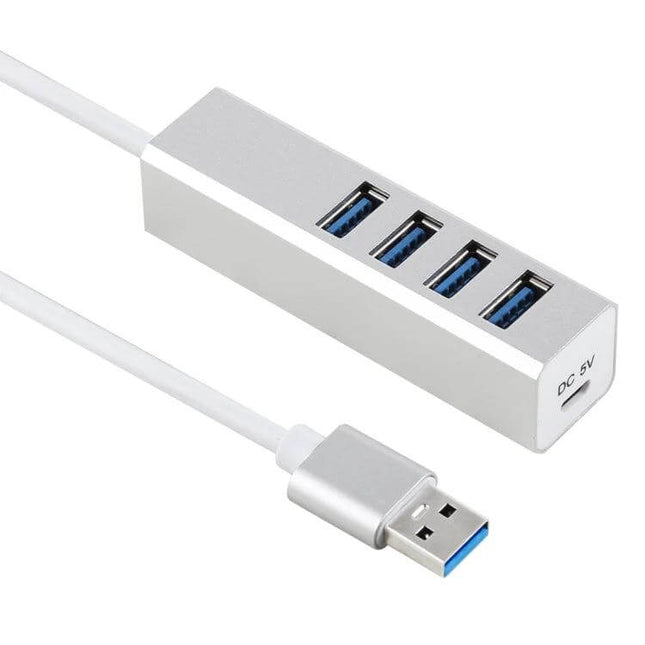 Versatile Four-Port USB 3.0 Hub for Connecting Multiple Devices Easily - silver compact hub with four USB 3.0 ports and attached USB-A cable