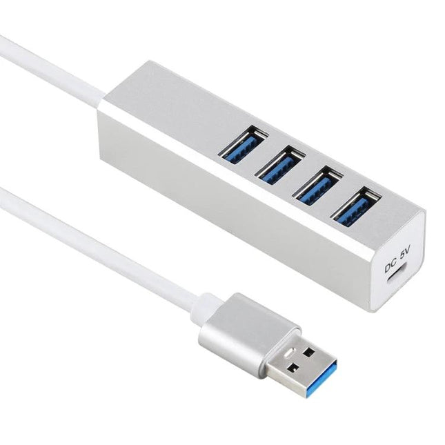 Versatile Four-Port USB 3.0 Hub for Connecting Multiple Devices Easily - slim silver hub with four blue USB 3.0 ports and cable