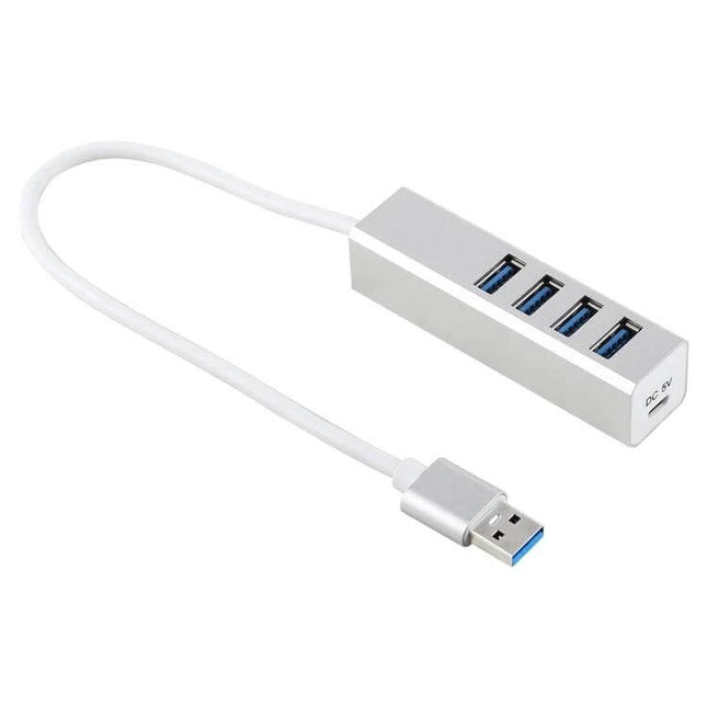 Versatile Four-Port USB 3.0 Hub for Connecting Multiple Devices Easily - slim silver hub with four blue USB 3.0 ports and short cable