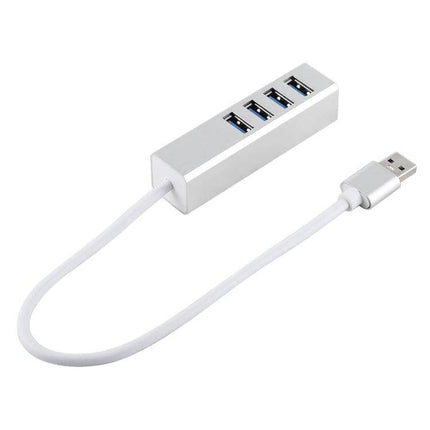 Versatile Four-Port USB 3.0 Hub for Connecting Multiple Devices Easily silver hub with four blue-lined USB ports and white cable