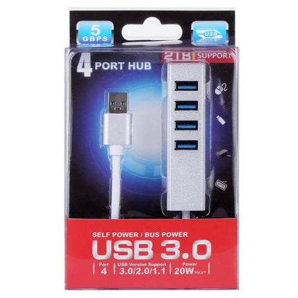 Versatile Four-Port USB 3.0 Hub for Connecting Multiple Devices Easily - silver 4-port hub in retail packaging with USB cable