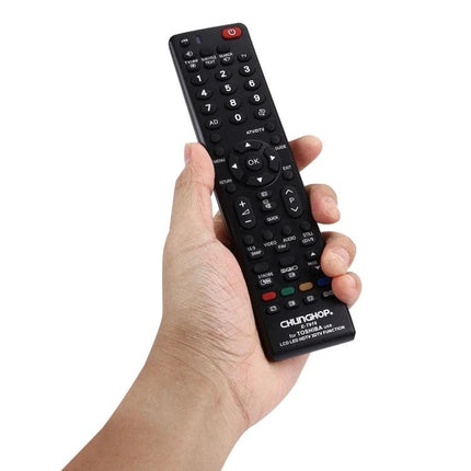 Chunghop Universal Remote Controller for Toshiba LED TVs held in hand showing buttons and ergonomic design