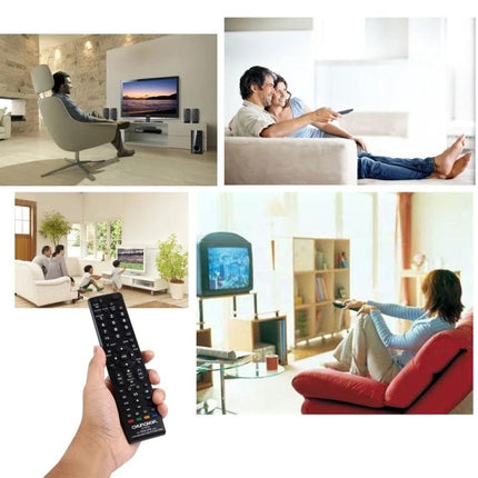 CHUNGHOP Universal Remote Controller for Philips Television Sets showing hand-held remote and families watching TV